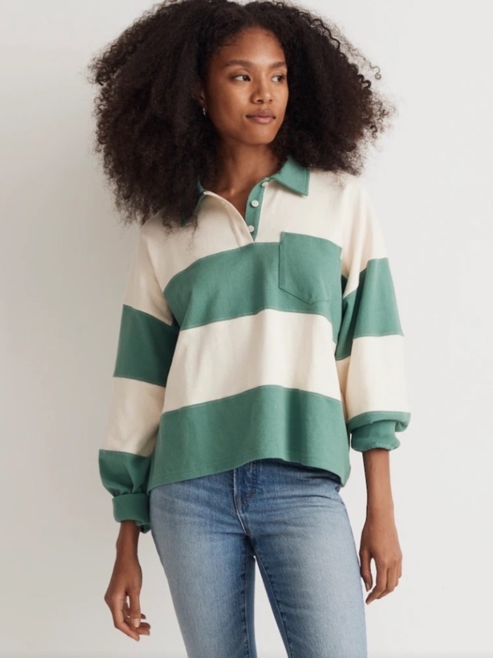 Madewell Cream and Green Wide-Stripe Rugby Pullover 100% Cotton Oversized Fit XL